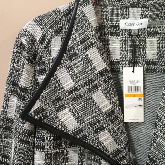 NWT Calvin Klein Black & White Tweed Open-Front Jacket with Faux Leather Trim S - Picture 5 of 7